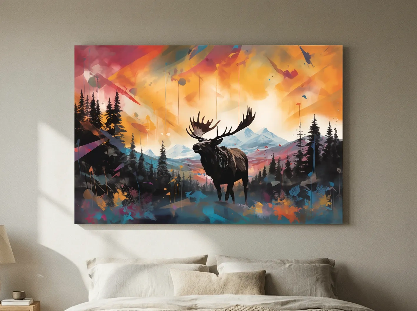 Vibrant Abstract Moose Mountain Painting - Colorful Wildlife Wall Art