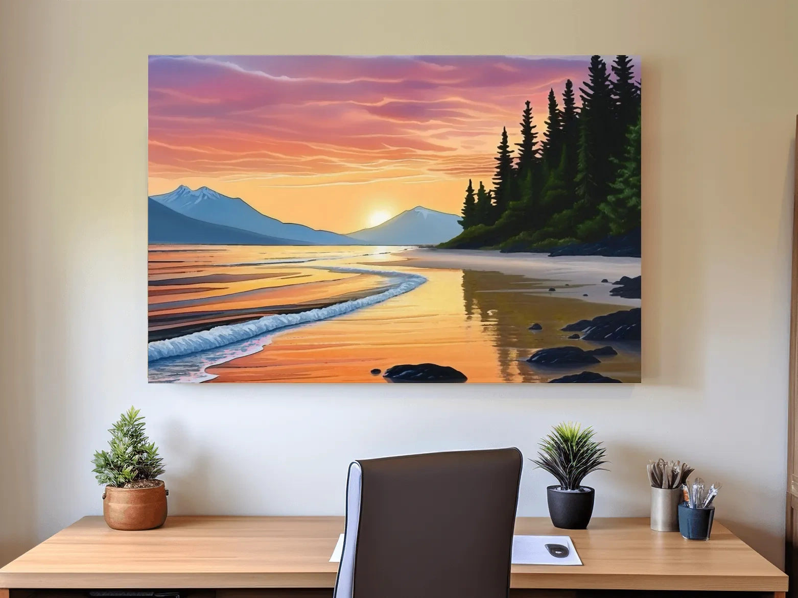 Pacific Northwest artwork, sunset over the beach painting