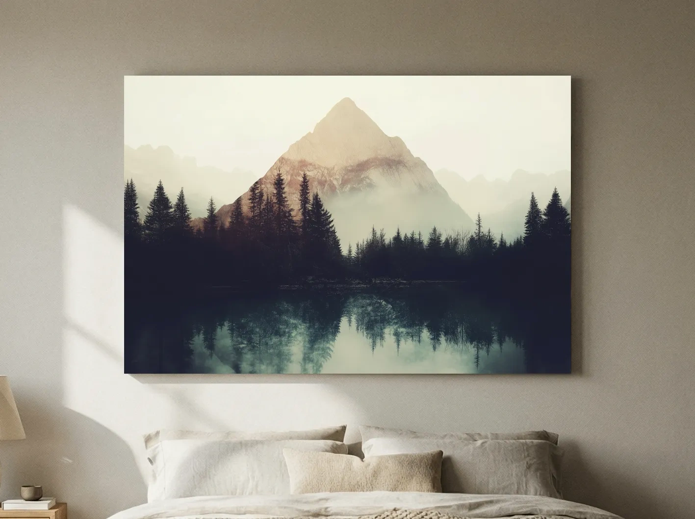 Misty Pine Forest Silhouette Lake Reflection - Moody Mountain Wall Art