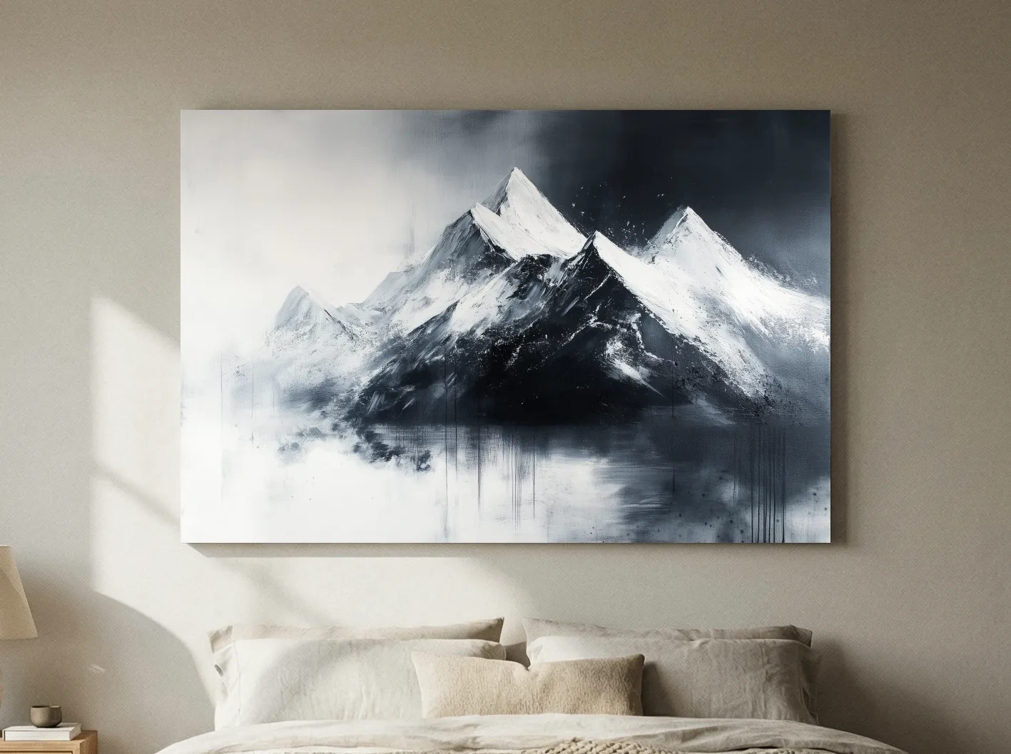 Moody Monochrome Snowcapped Mountain Peaks Painting - Modern Minimalist Wall Art