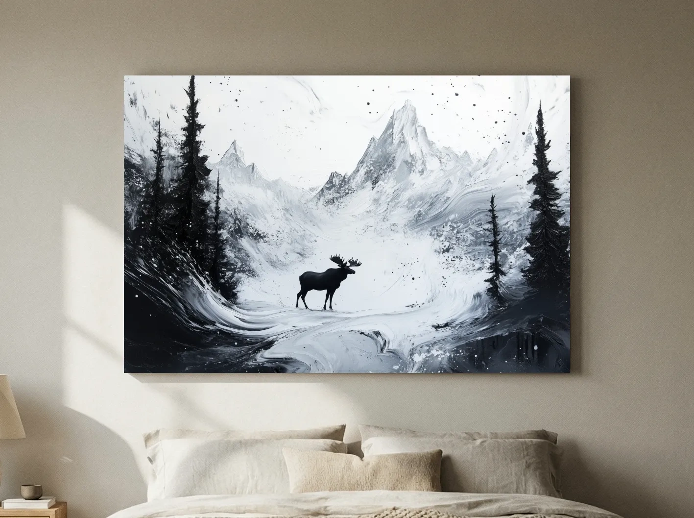 Moody Monochrome Moose Alpine Meadows - Abstract Ink Wash Wildlife Wall Art