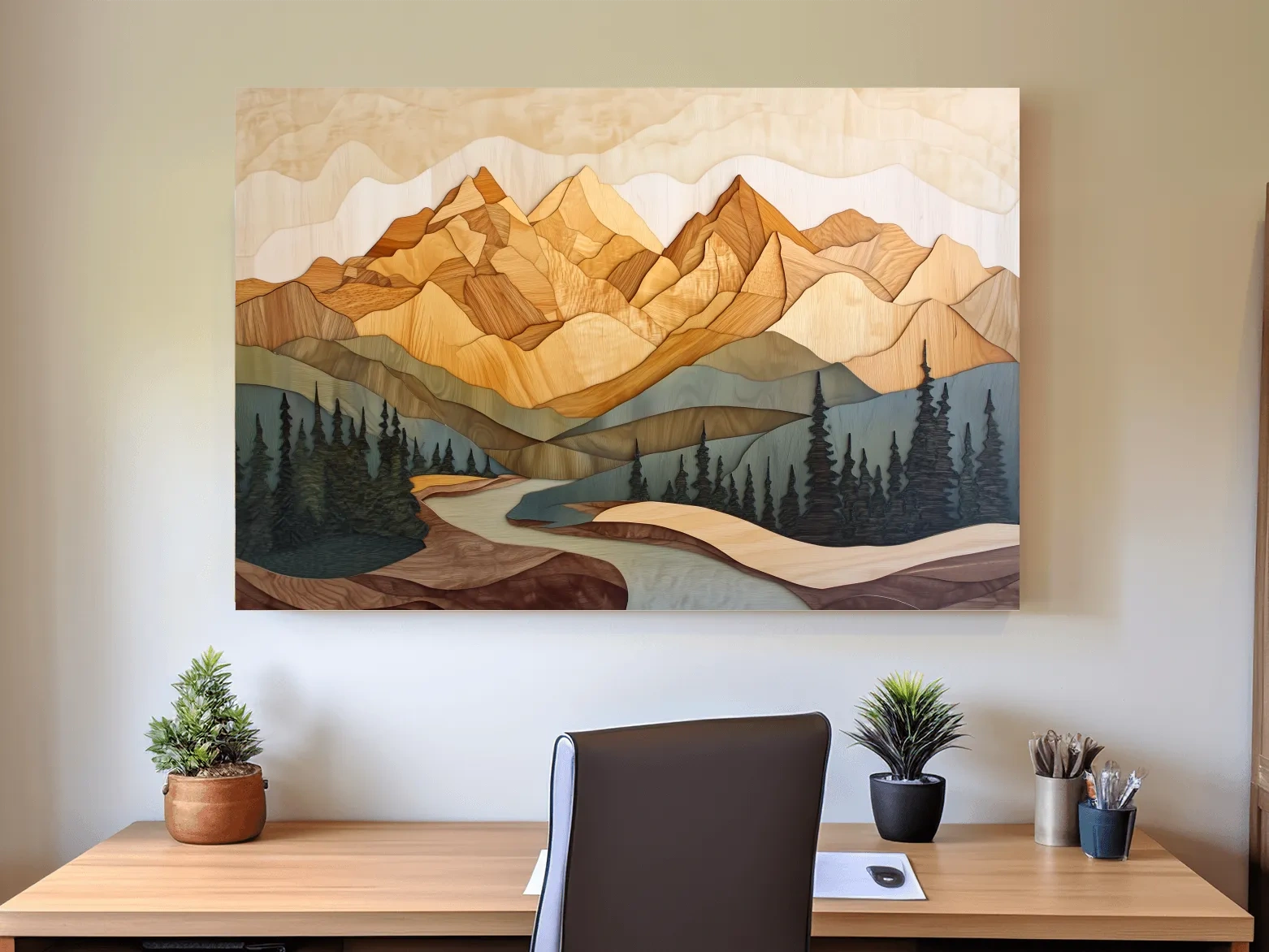 Alpine forest mountain artwork, 3d layered wood intarsia style art