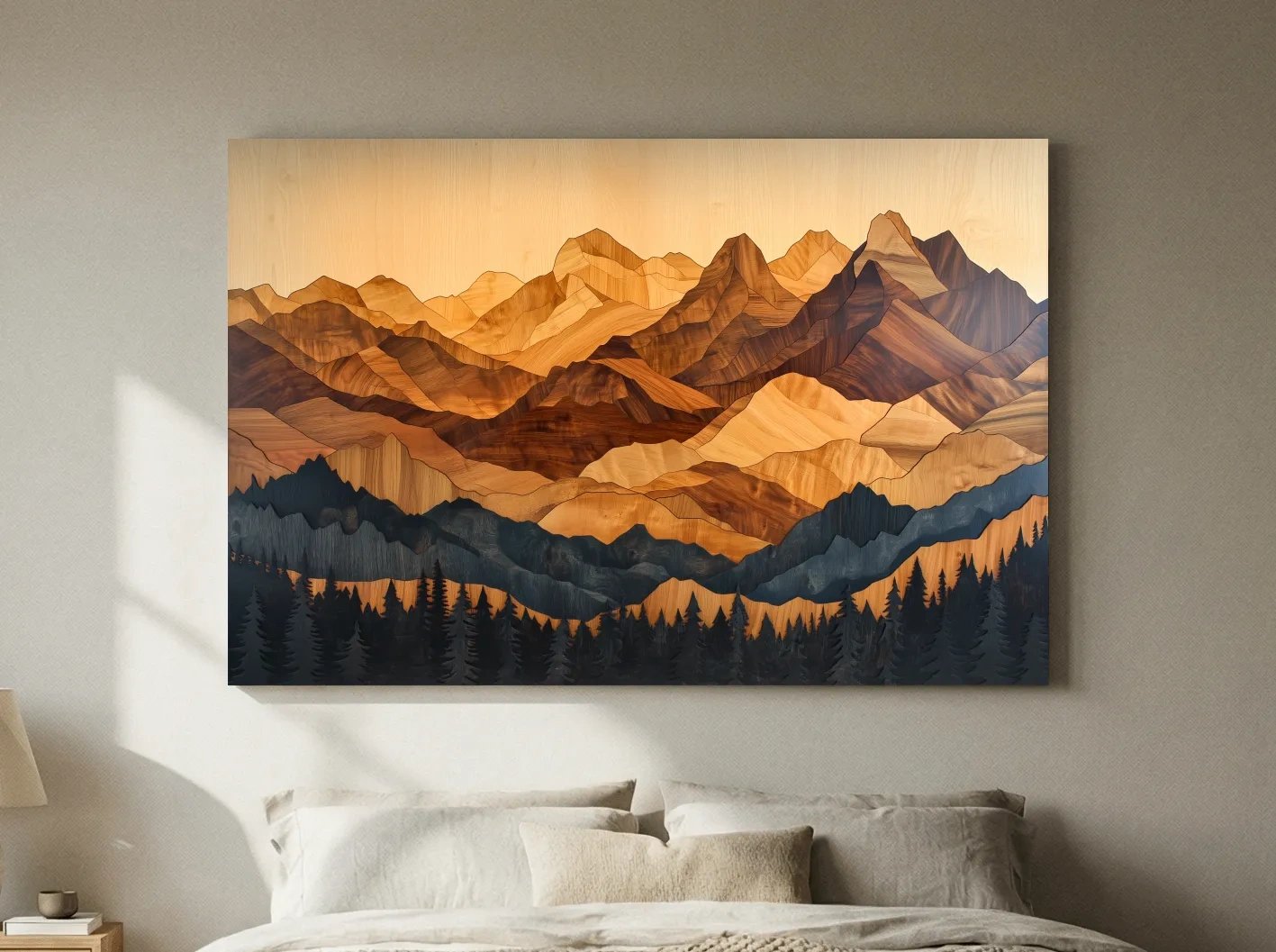 Layered Woodcut Intarsia Mountain Range Landscape - Peaks And Pine Forest Wall Art