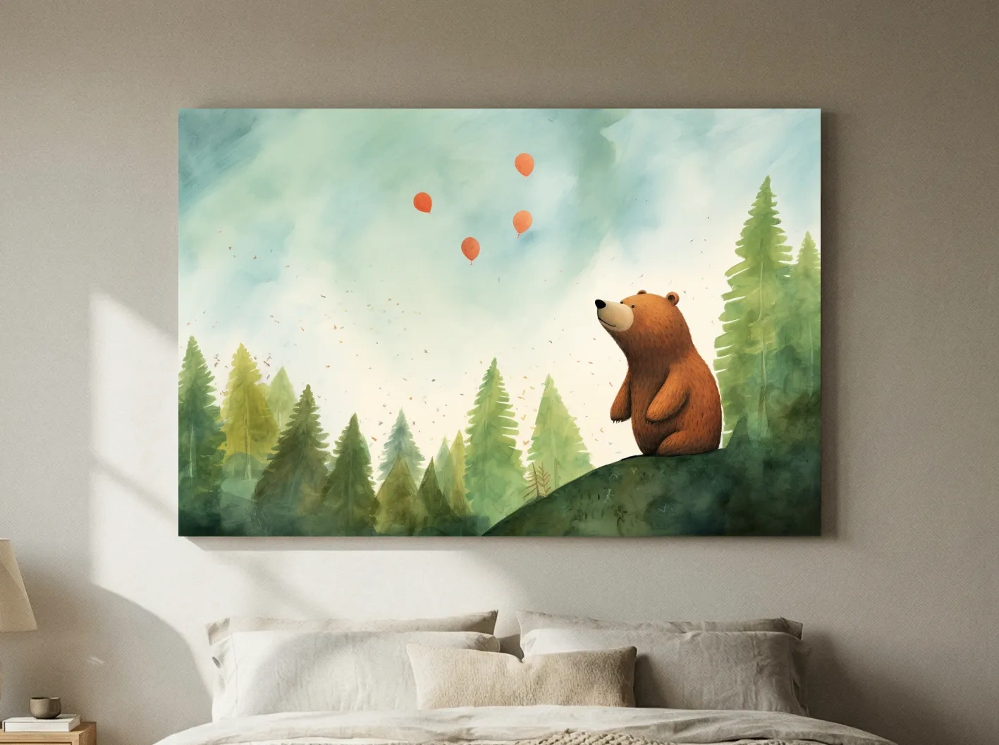 Whimsical Watercolor Bear Watching Balloons - Cute Nursery Forest Wall Art