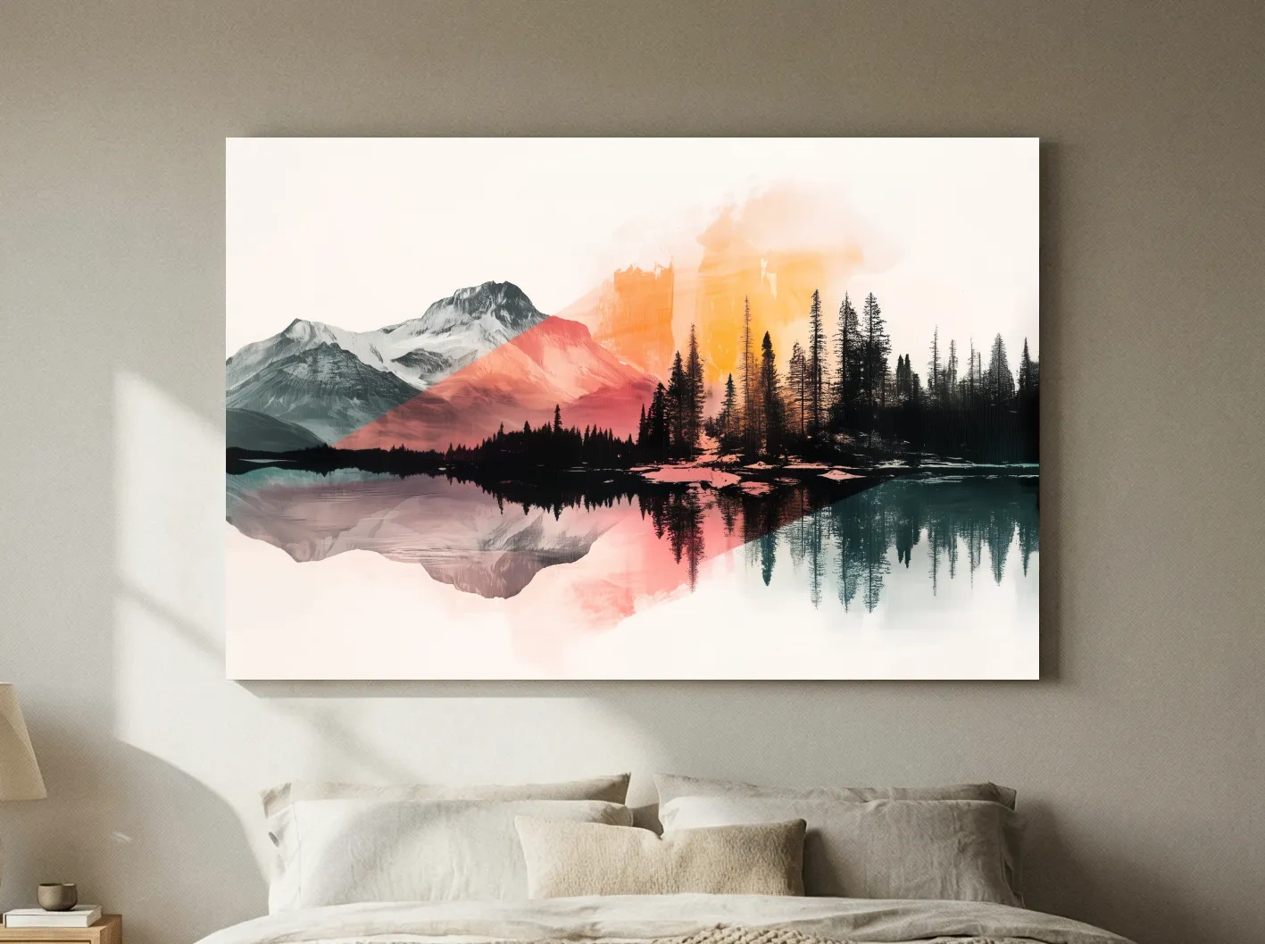 Abstract Alpine Lake Reflection Painting - Modern Watercolor Forest Landscape Wall Art
