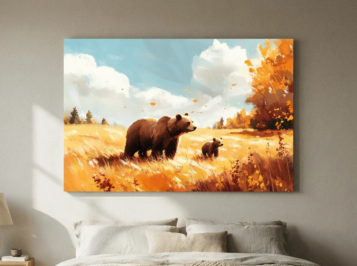 Autumn Grizzly Bear & Cub Painting - Warm Golden Wildlife Wall Art