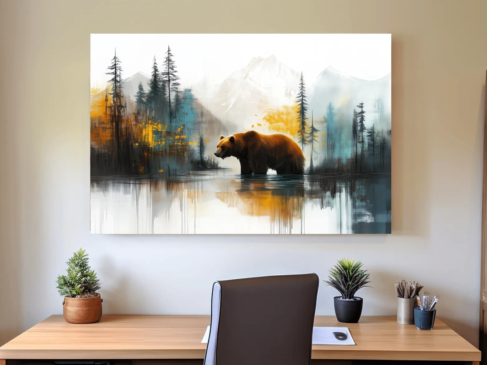 Grizzly Bear Lake Reflection - Misty Mountain Forest Textures Watercolor Style Artwork