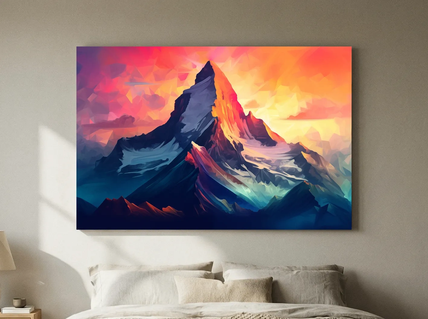 Vibrant Geometric Alpine Peak Sunrise - Modern Abstract Mountain Wall Art