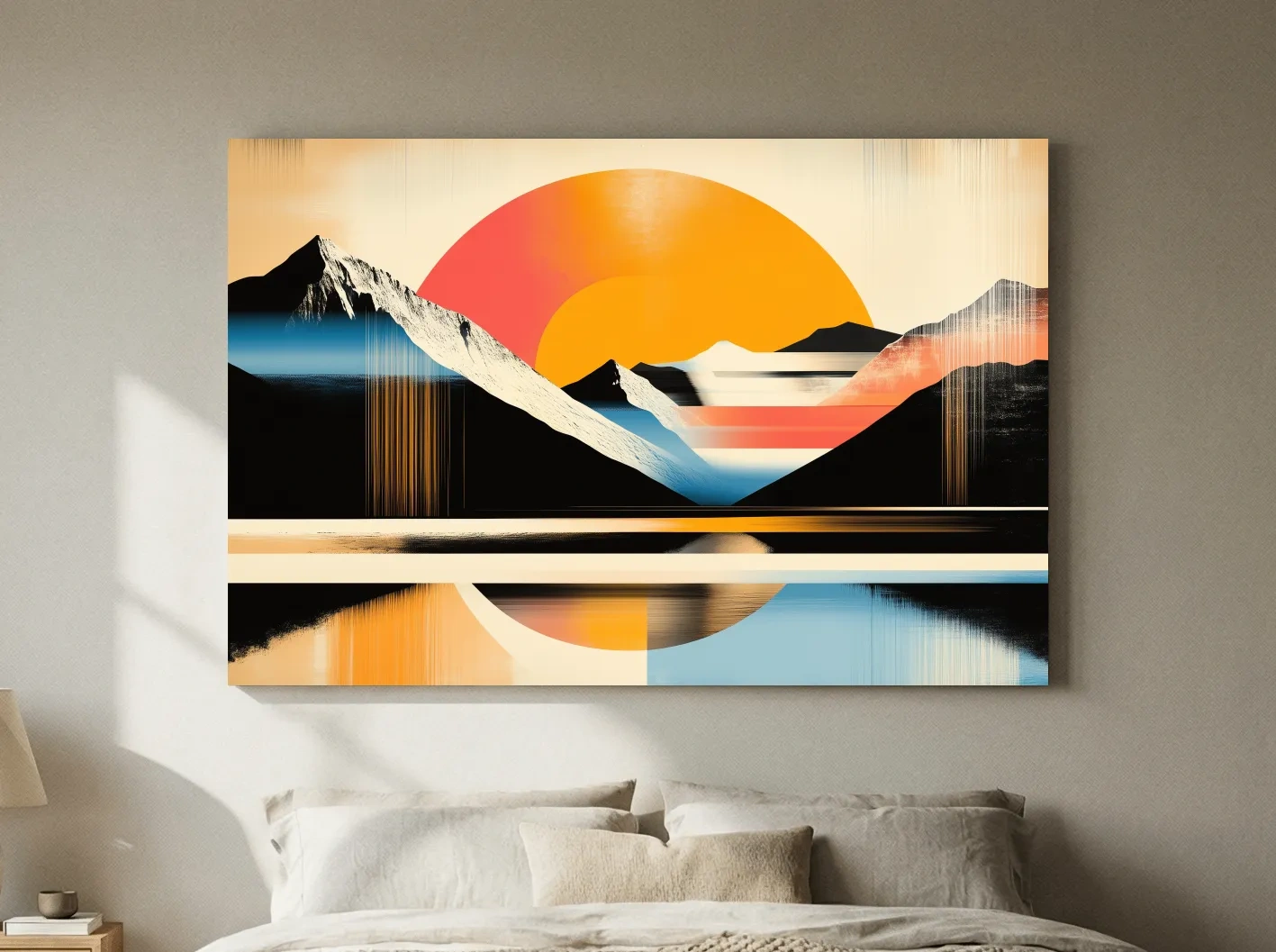 Retro Abstract Alpine Lake Sunset Artwork - Geometric Landscape Wall Art