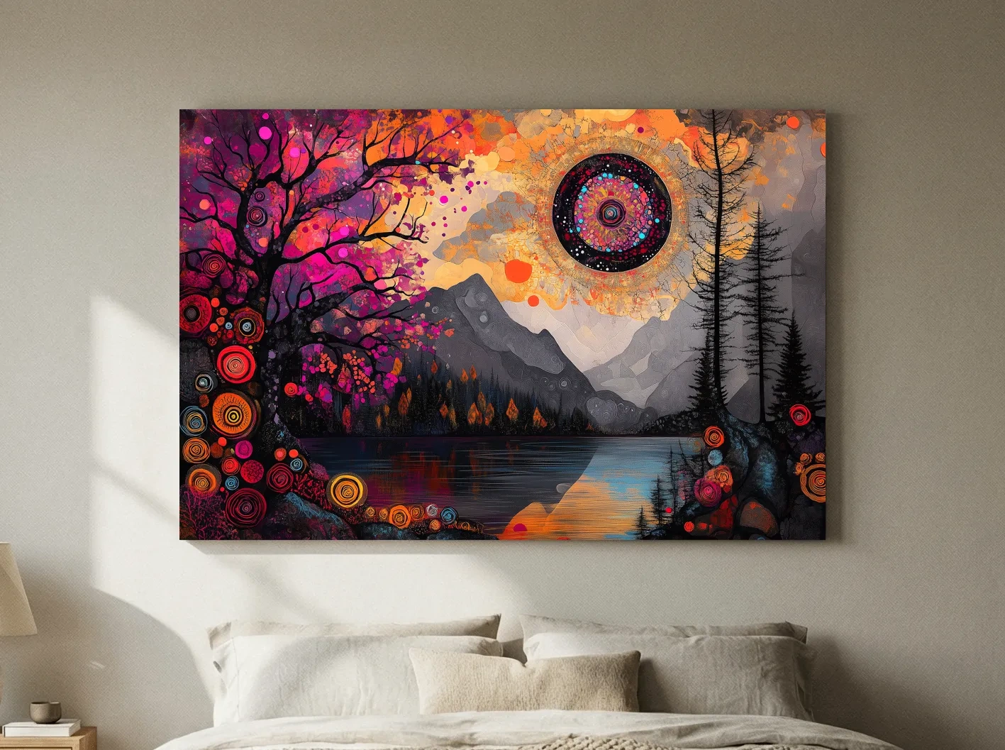 Psychedelic Mountain Lake Sunset Mandala - Vibrant Surreal Landscape Wall Art