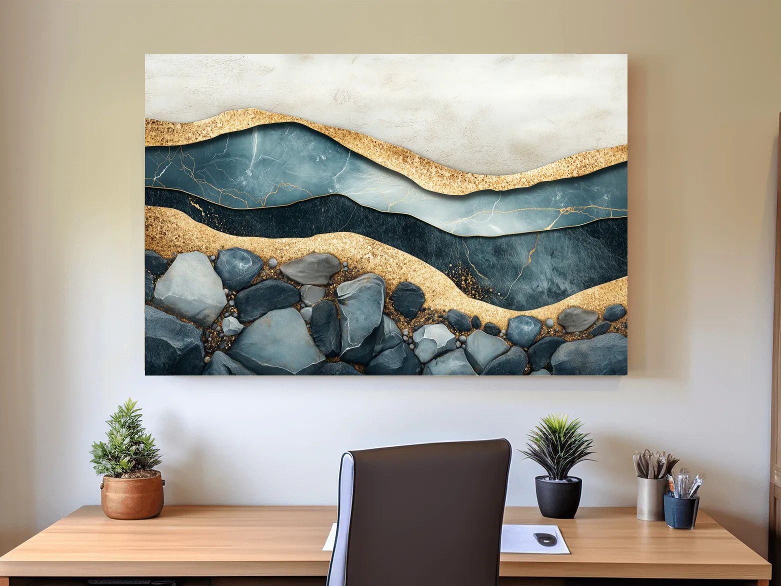 Elegant riverbed sand and rock artwork, modern textured wall art with natural sediment layers
