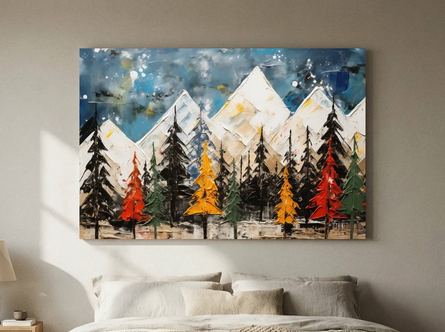 Textured Abstract Oil Painting Style Mountain Forest - Colorful Autumn Pines Landscape Wall Art