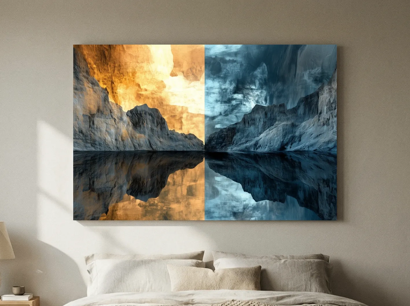 Split Tone Mountain Lake Reflection - Fiery Sunset Cool Twilight