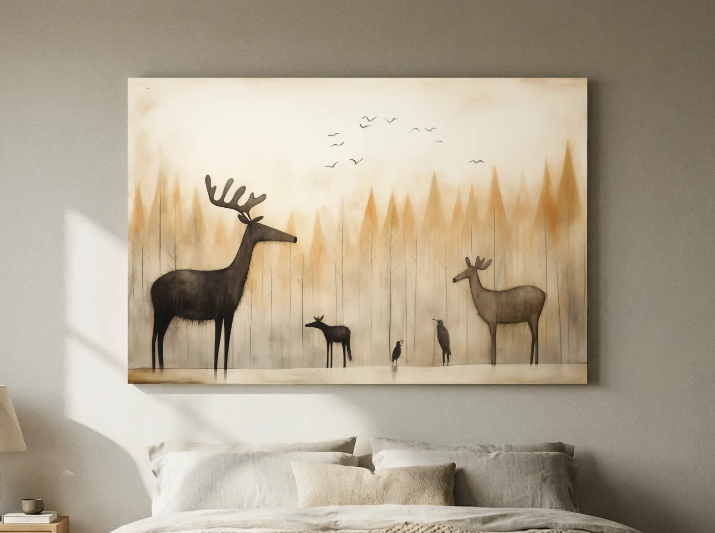 Minimalist Woodland Deer Family Illustration - Scandinavian Nursery Forest Wall Art