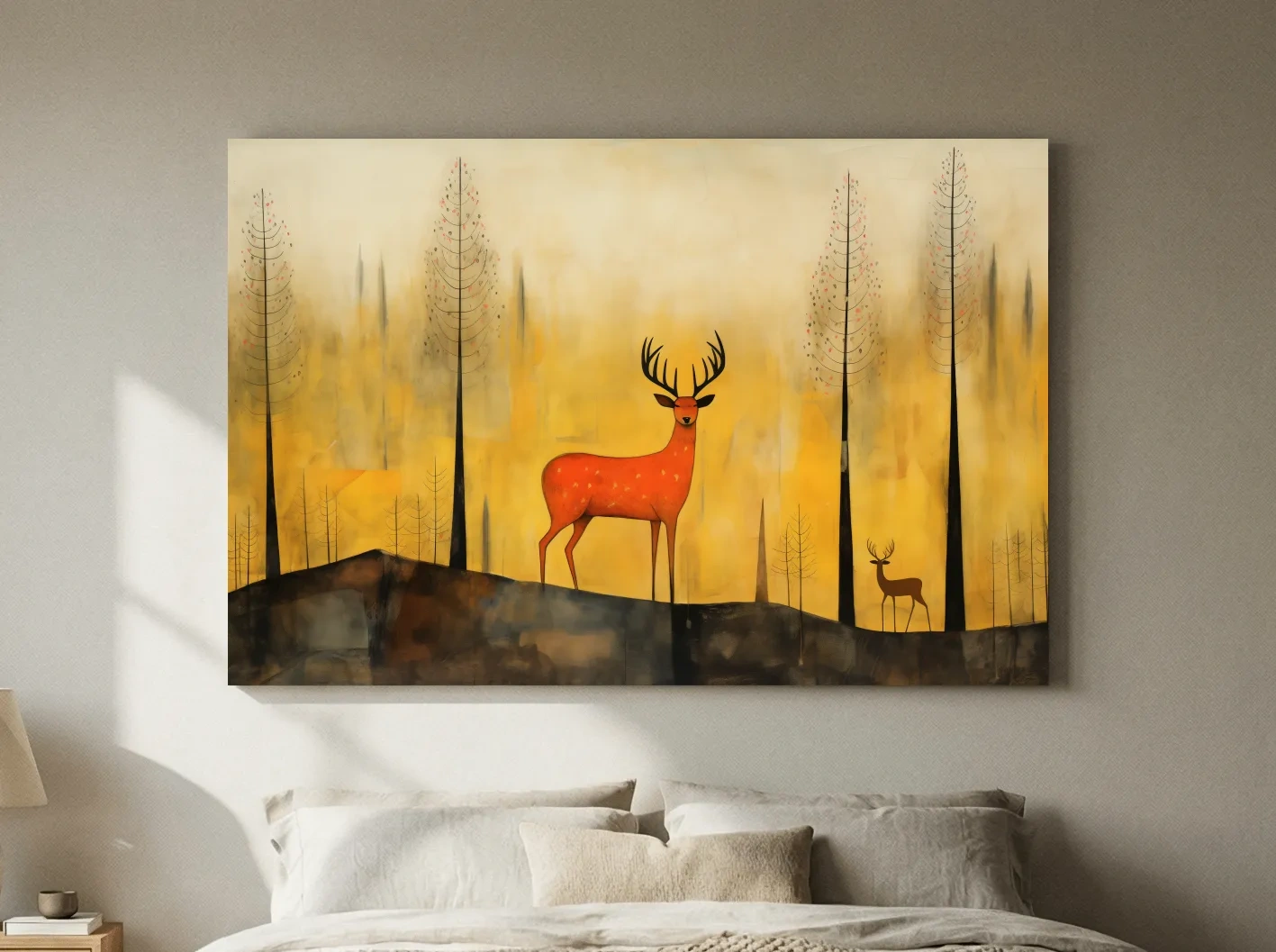 Whimsical Deer In Autumn Forest - Golden Woodland Landscape Wall Art