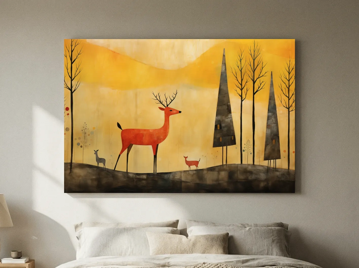 Whimsical Deer Forest Illustration - Autumn Woodland Landscape Wall Art