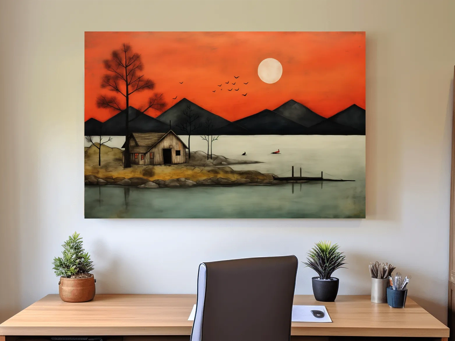 Rustic lakeside cabin art at sunset, textured effect wall art painting