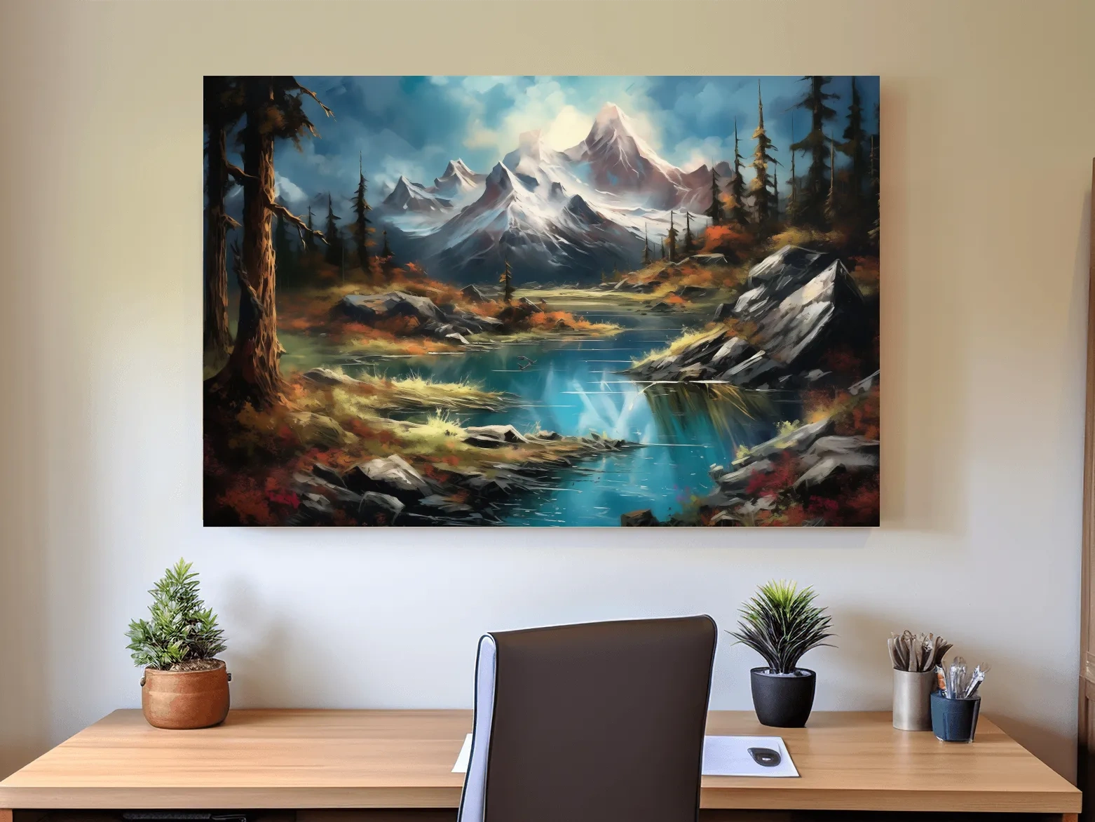 Alpine Lake And Snowcapped Peaks - Dramatic Landscape Painting Wall Art