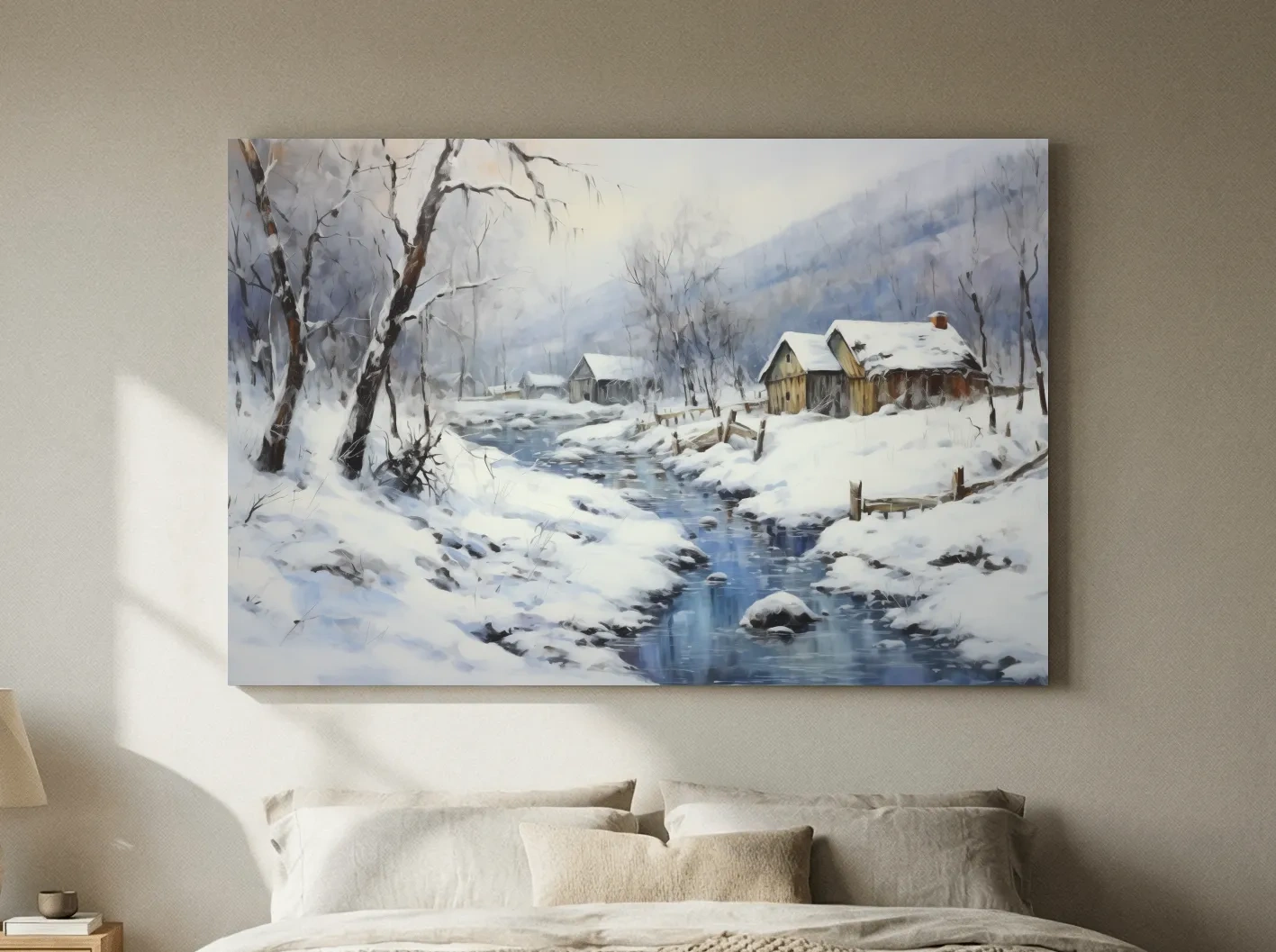 Snowy Winter Cabin Stream Landscape - Serene Rustic Wall Art