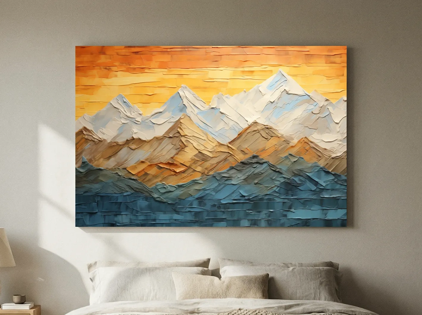 Impasto Style Mountain Range Sunset - Pallet Knife Painting Effect Wall Art