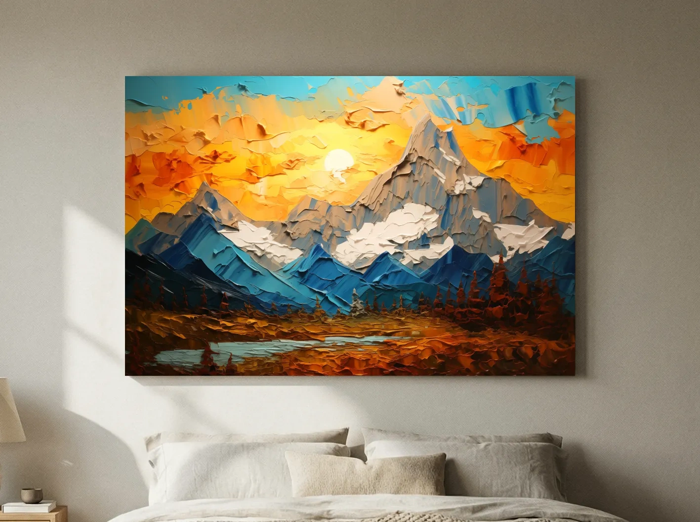 Palette Knife Style Mountain Sunset Painting - Vibrant Abstract Alpine Artwork