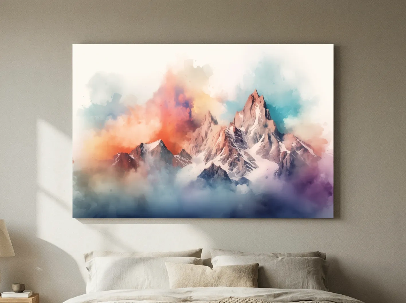 Vibrant Watercolor Alpine Mountain Peaks - Colorful Misty Artwork