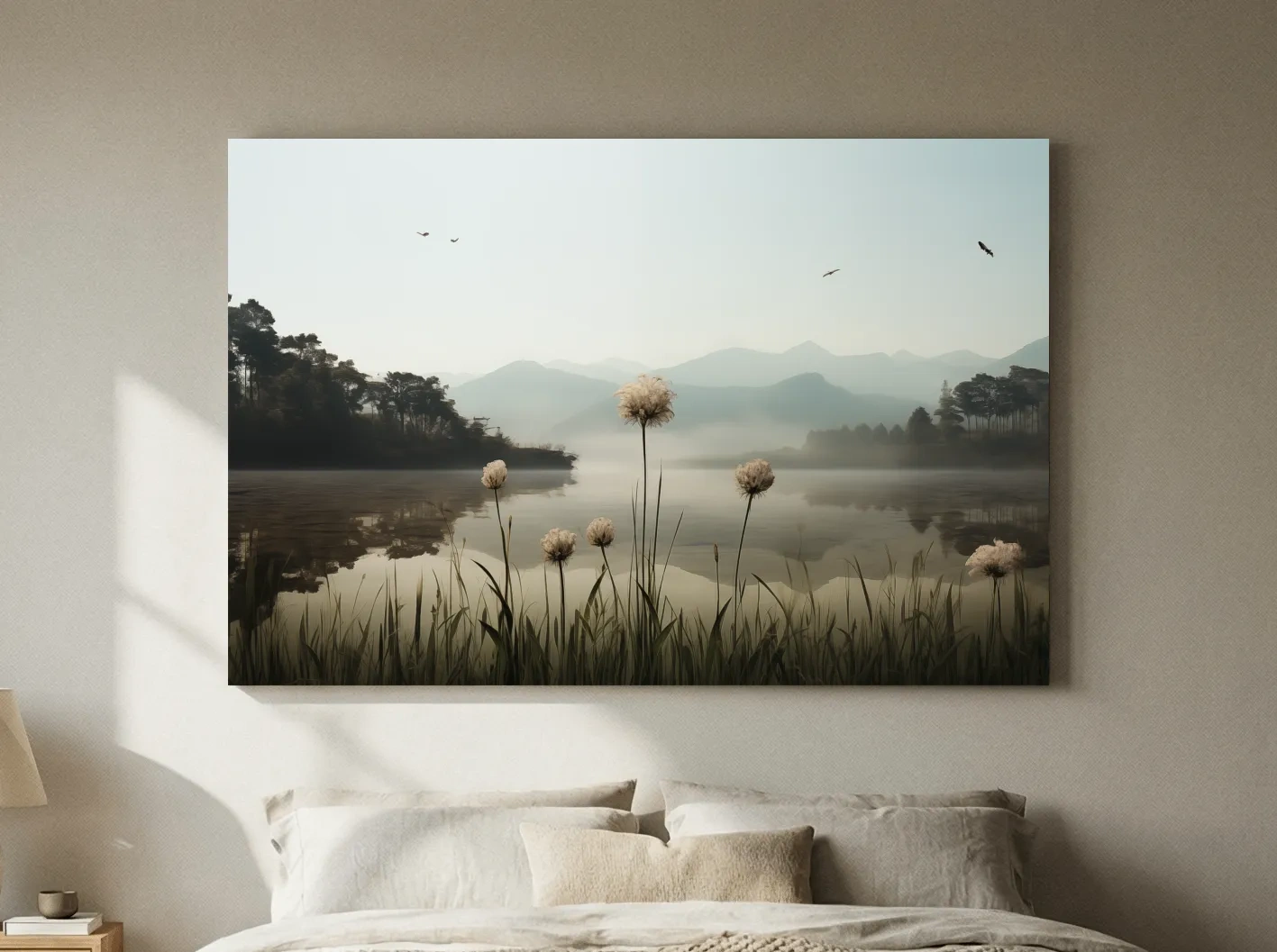 Misty Lake Painting With Wildflowers - Serene Landscape Wall Art