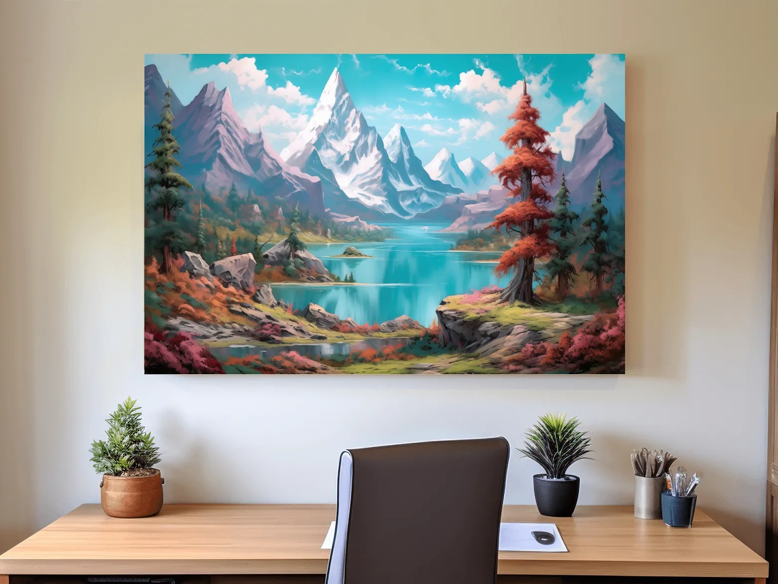 Vibrant Fantasy Alpine Lake Mountains - Surreal Colorful Artwork