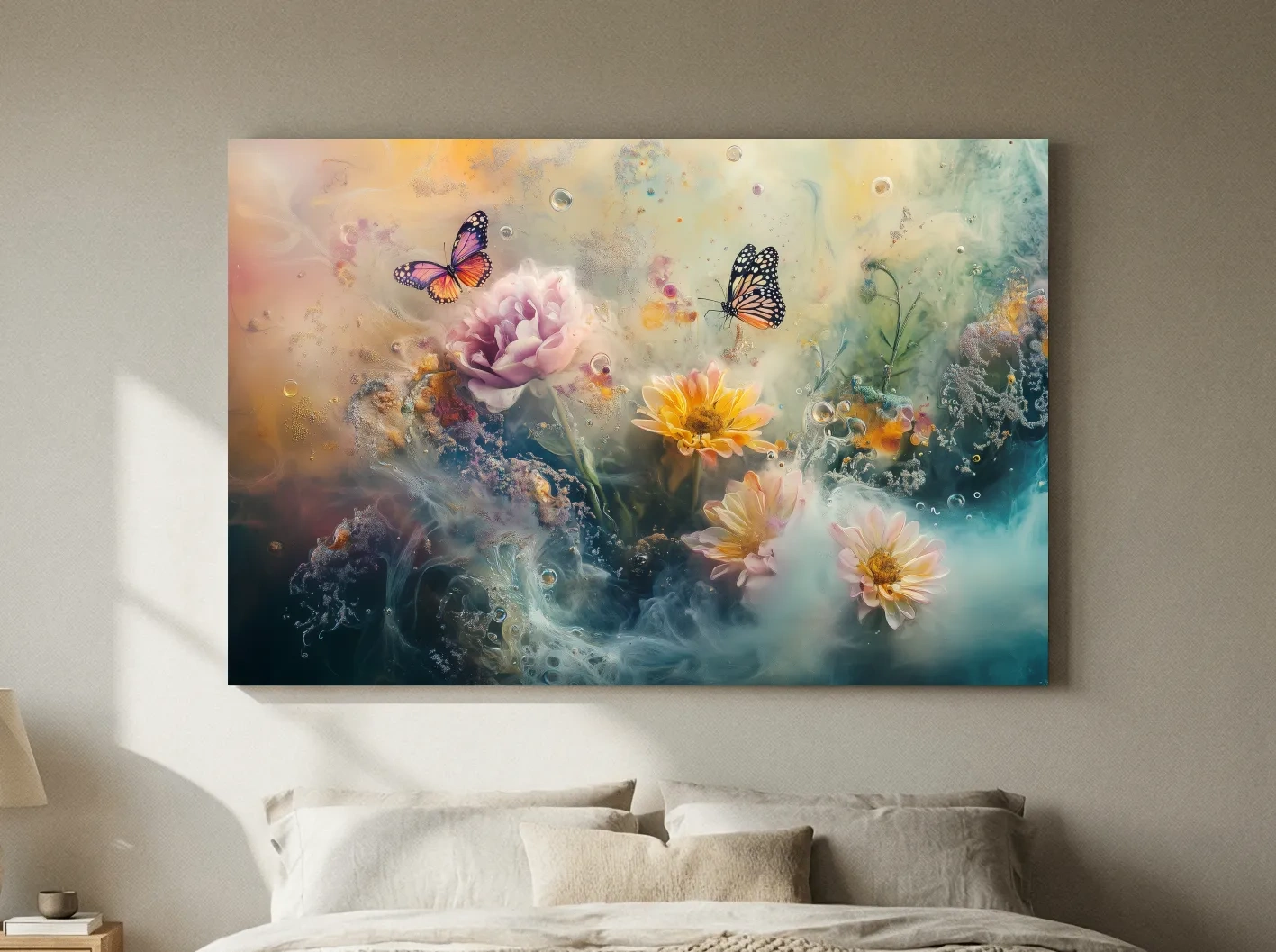 Ethereal Butterfly Floral Dreamscape - Pastel Mixed Media Wall Art