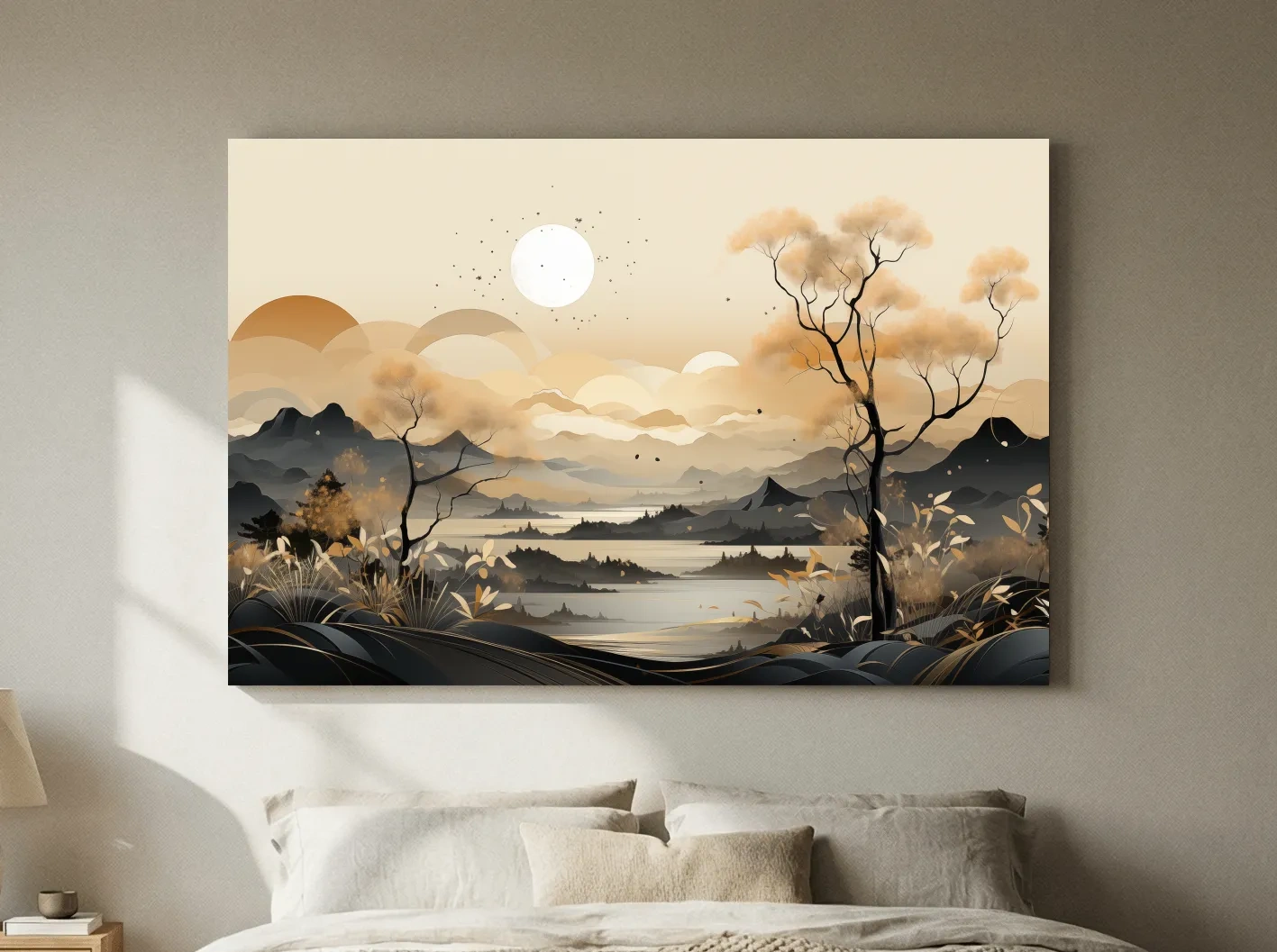 Japandi Misty Mountain Lake Landscape - Boho Wall Artwork