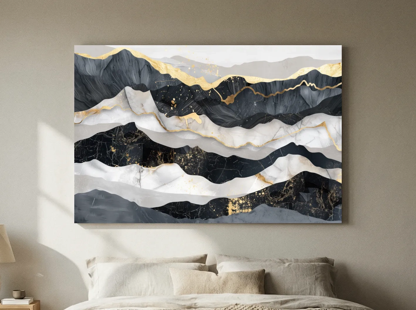 Abstract Black Marble Mountain Layers - Modern Elegant Gold Foil Landscape Wall Art
