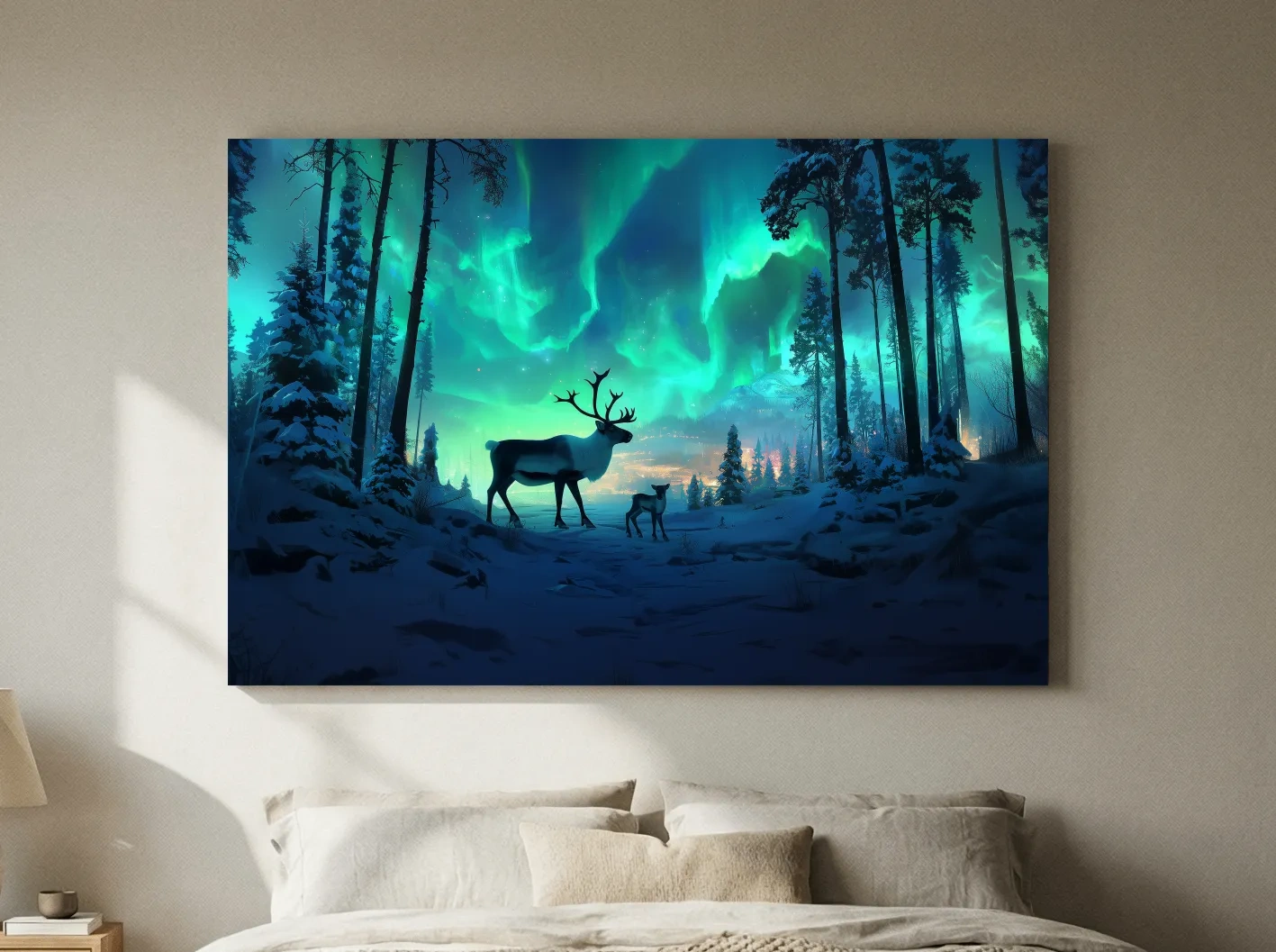 Caribou Buck Under Aurora Borealis Winter Scene - Fantasy Northern Lights Forest Wall Art