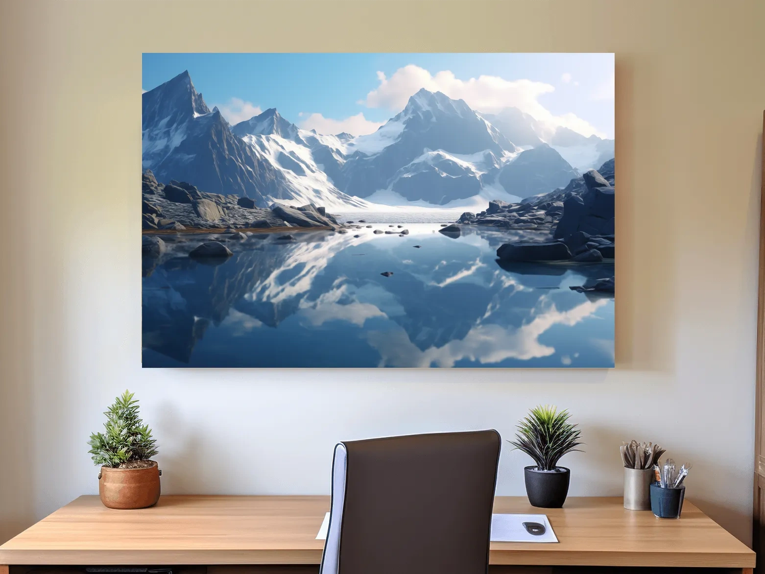 Majestic Snowcapped Mountain Lake Artwork - Serene Alpine Photography Wall Art