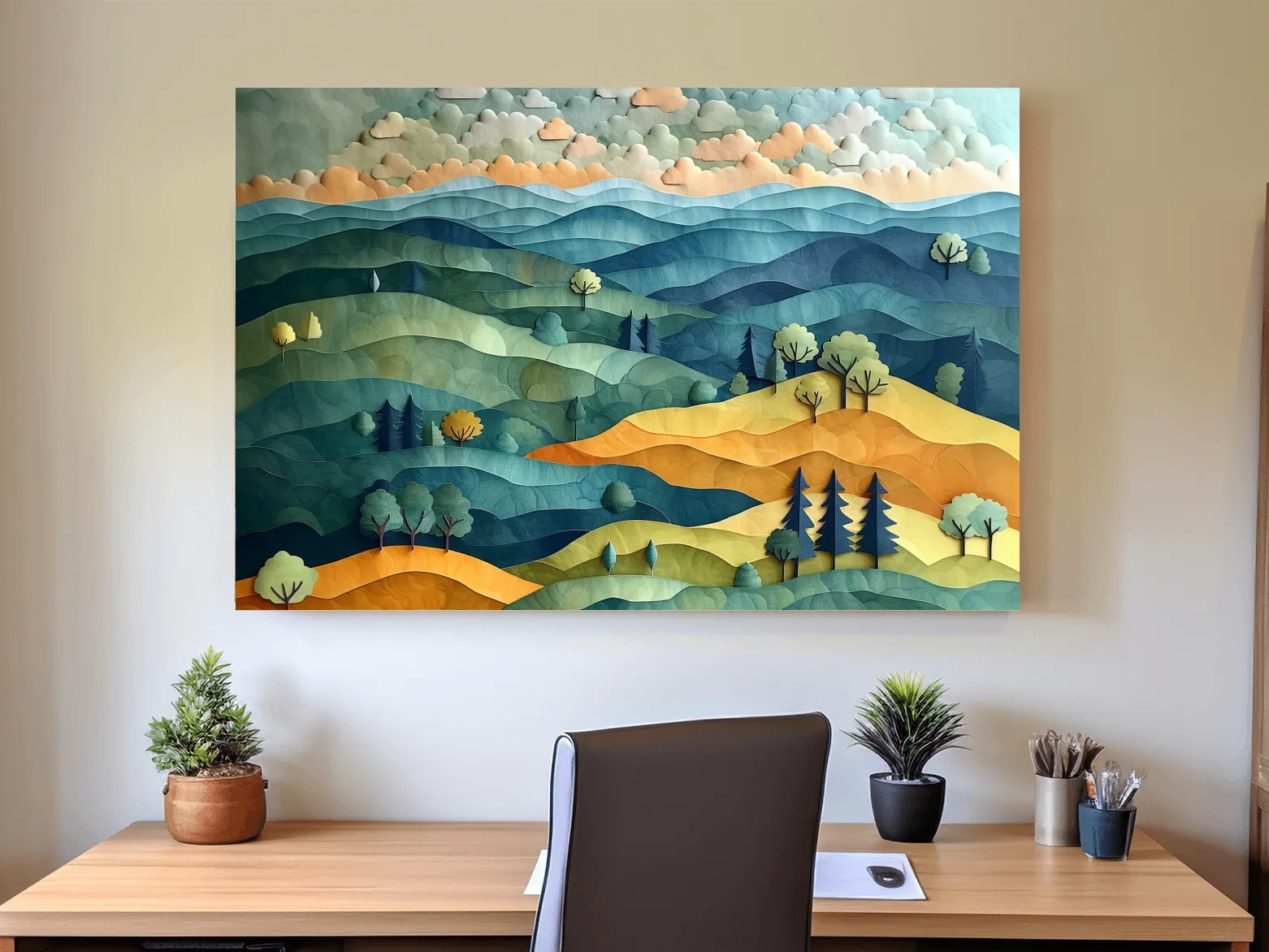 Layered Paper Cut Mountain Landscape - Colorful Modern Nature Wall Art