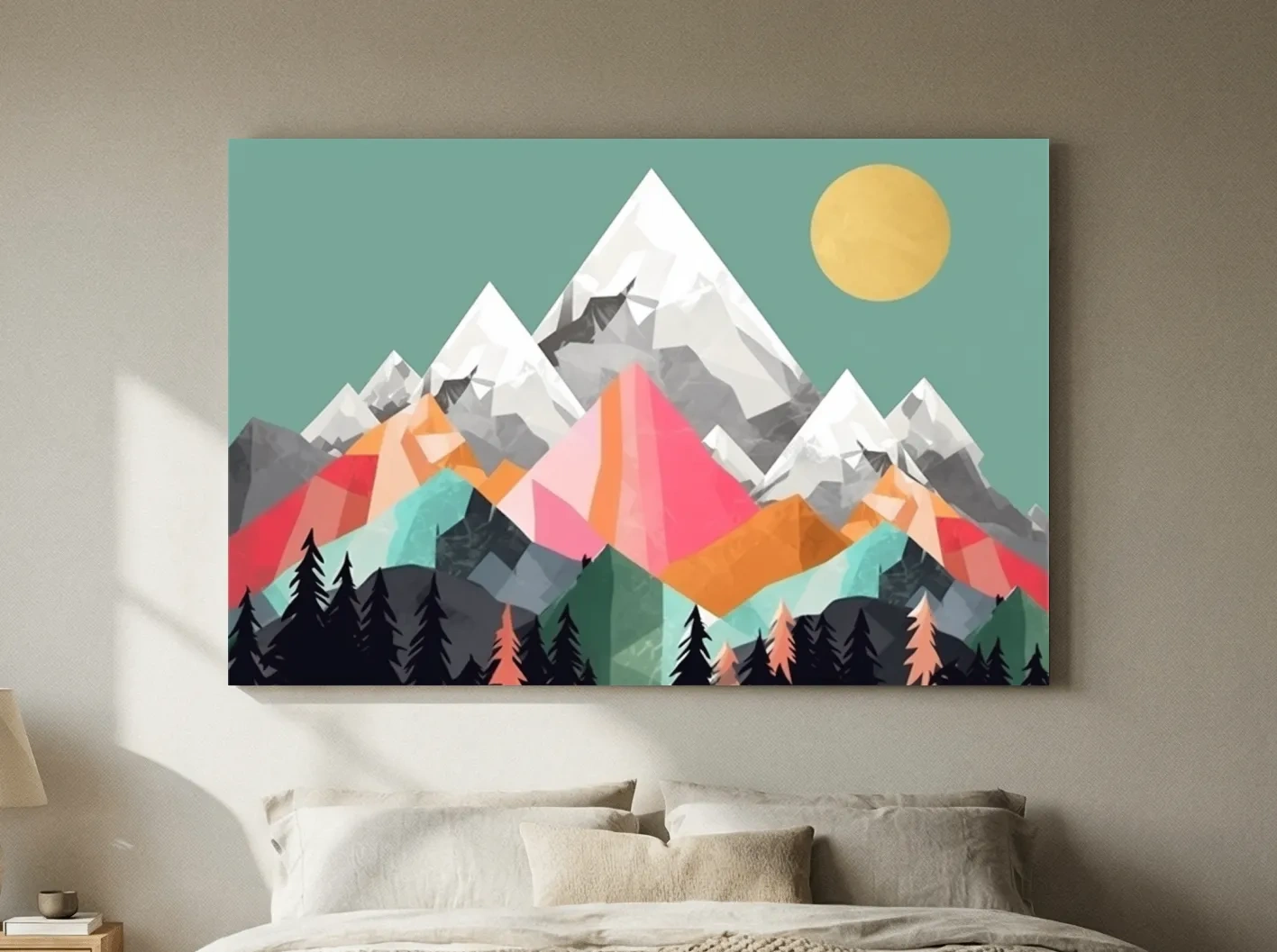 Geometric Abstract 2D Mountain Sunrise Art - Colorful Mid Century Wall Art