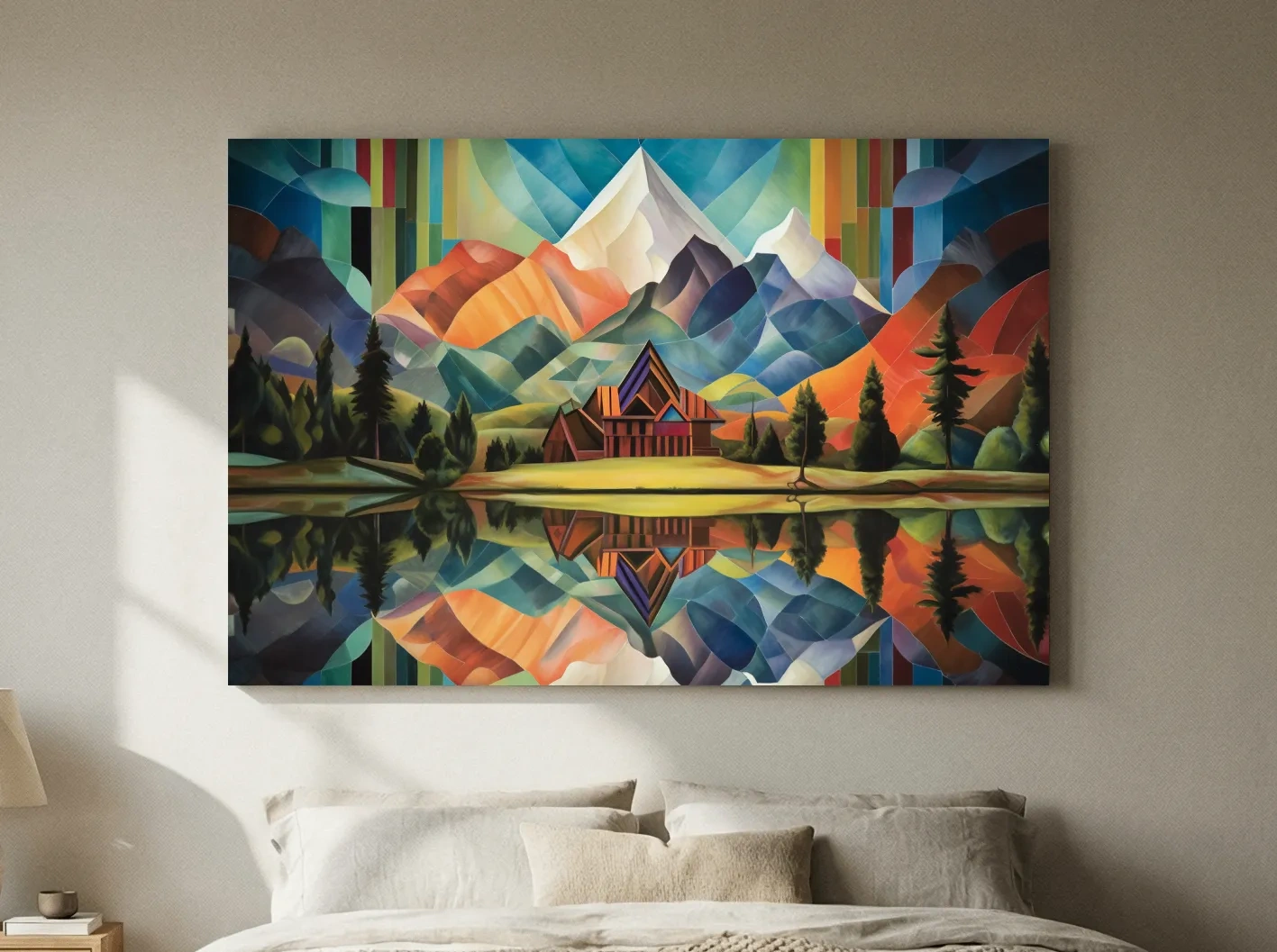Vibrant Geometric Mountain Cabin Lake Reflection - Colorful Abstract Landscape Wall Art