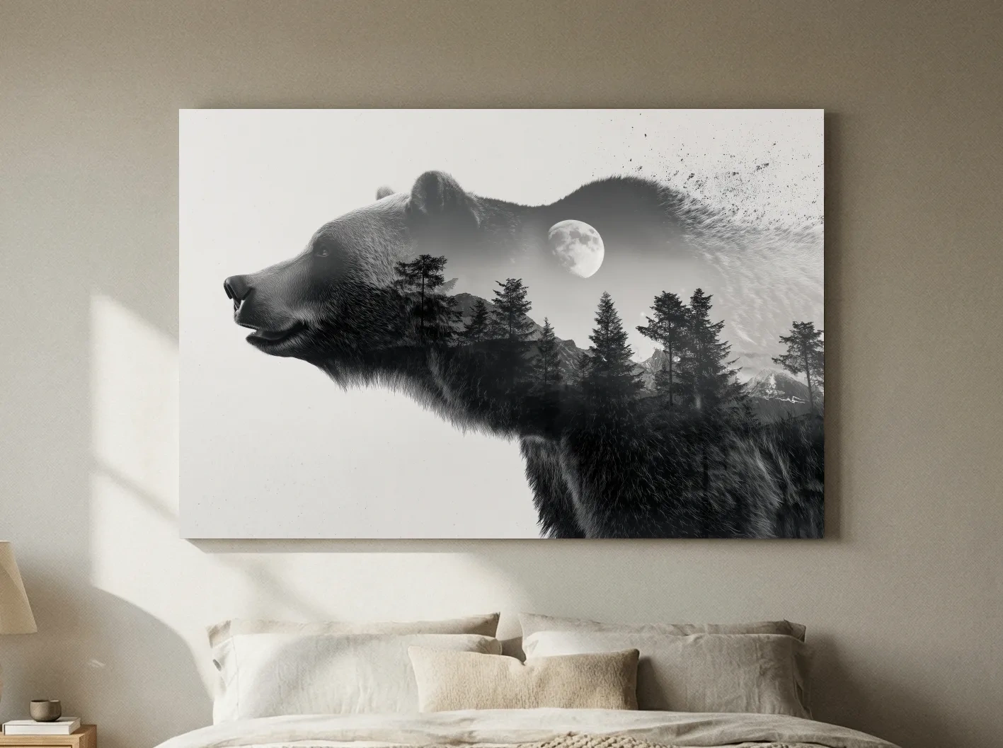 Black And White Grizzly Bear Double Exposure - Moonlit Pine Forest Mountain Wall Art
