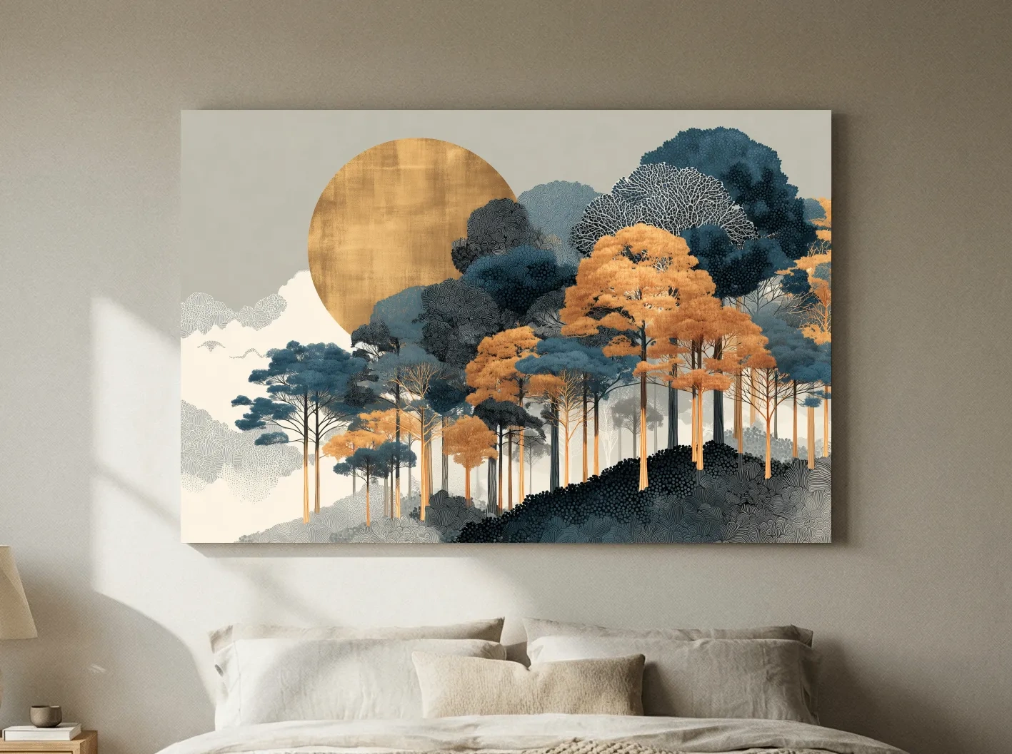 Modern Chic Golden Sun Over Autumn Forest - Elegant Boho Landscape Wall Art