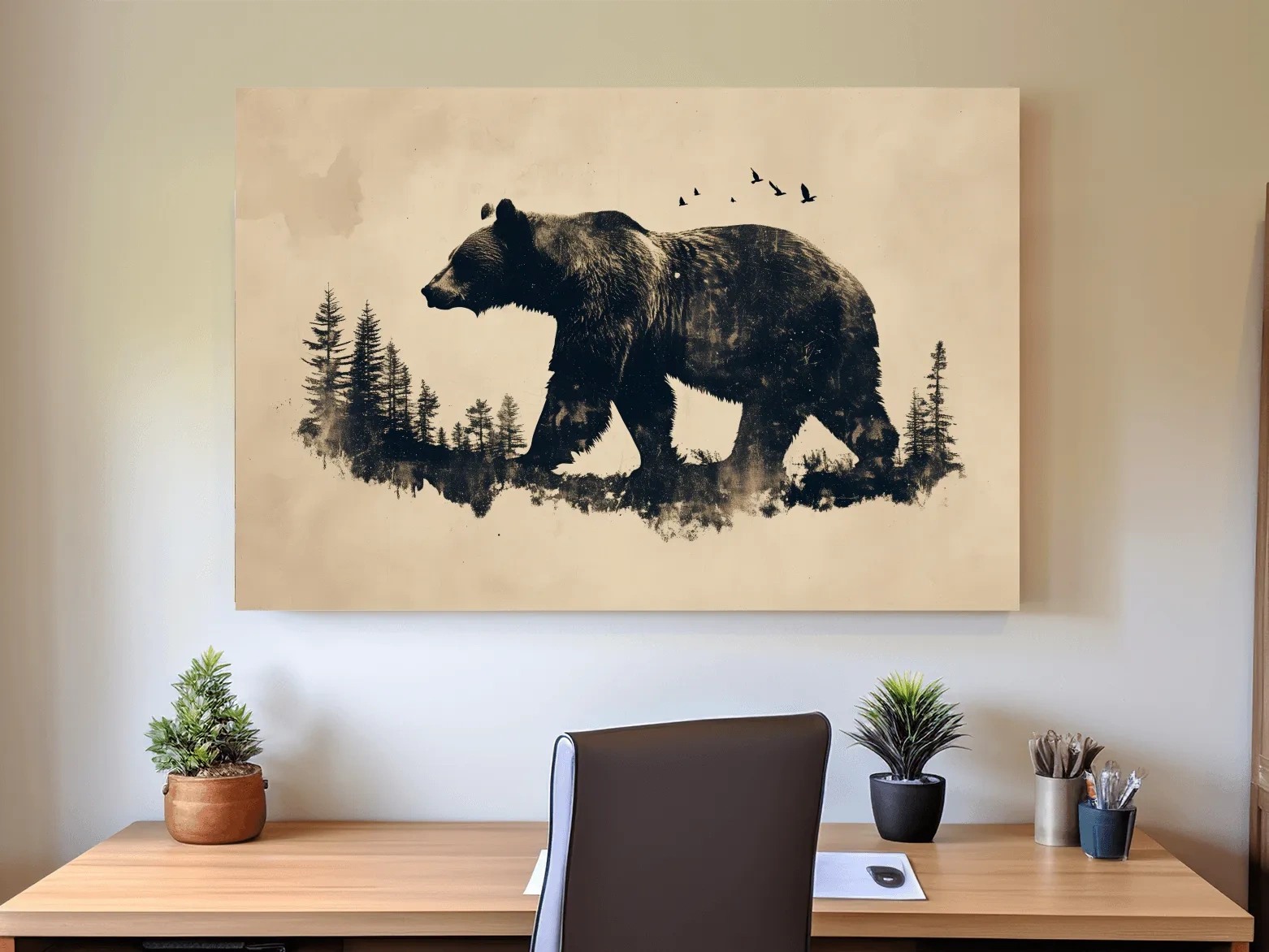 Vintage Grizzly Bear Forest Silhouette - Rustic Wildlife Wall Art