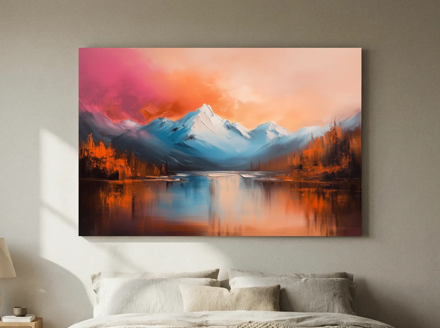 Sunset Mountain Lake Painting - Serene Abstract Landscape Wall Art Print