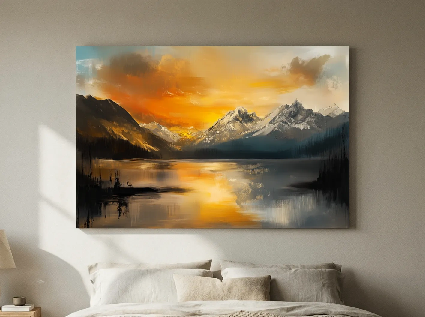 Moody Alpine Mountain Lake Sunset Painting - Oil Painting Style Wall Art