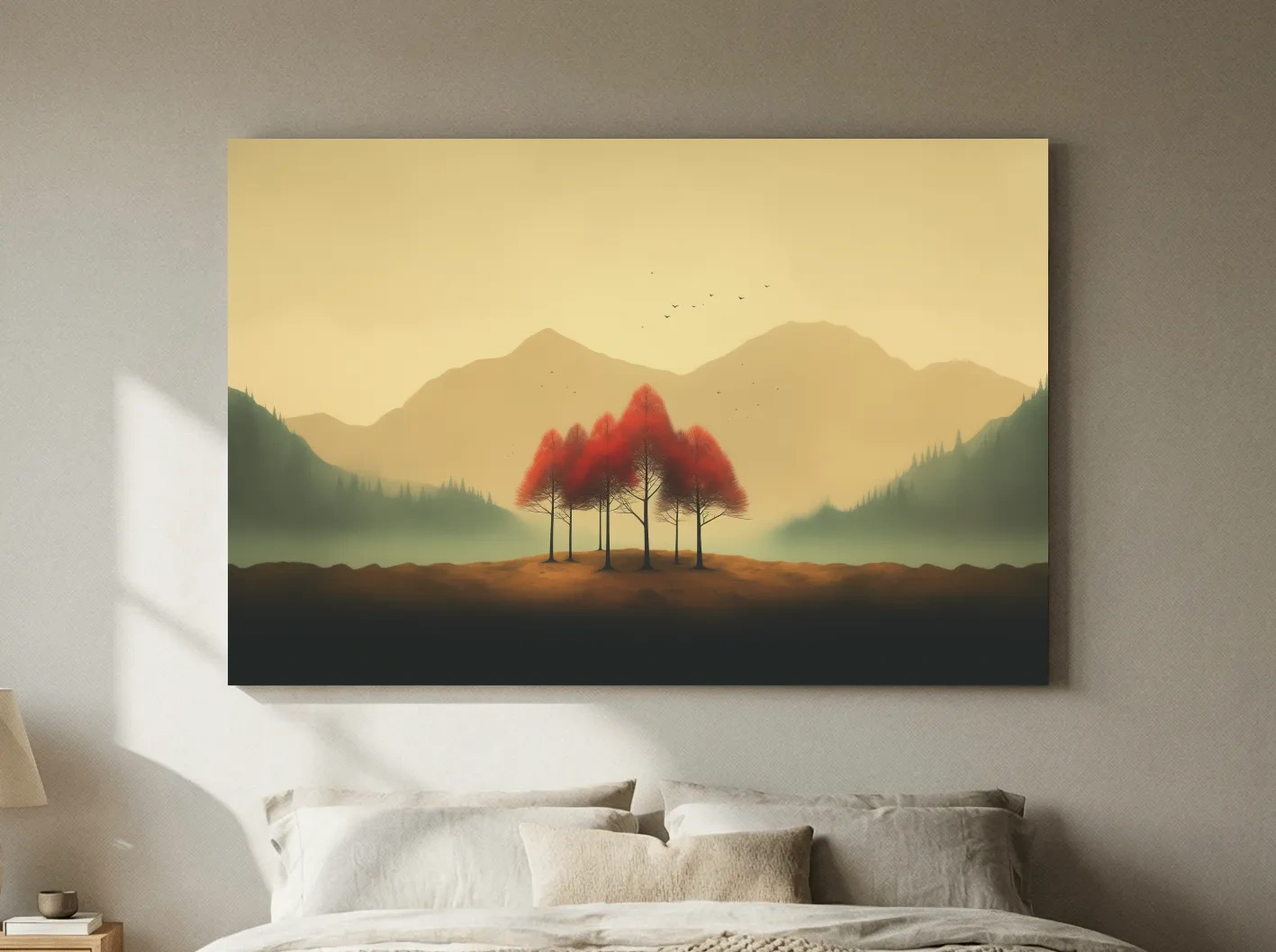 Minimalist Autumn Tree Grove Landscape - Misty Mountain Forest Wall Art