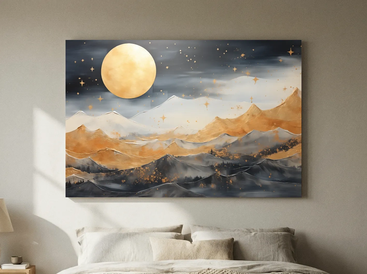 Golden Moonlit Abstract Mountain Landscape - Modern Metallic Watercolor Wall Art