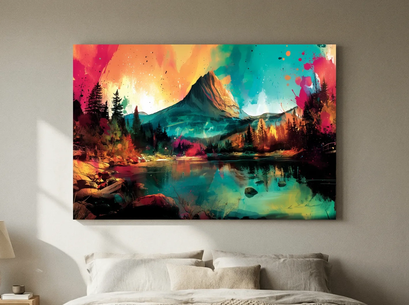 Vibrant Abstract Alpine Mountain Sunrise - Colorful Watercolor Style Artwork
