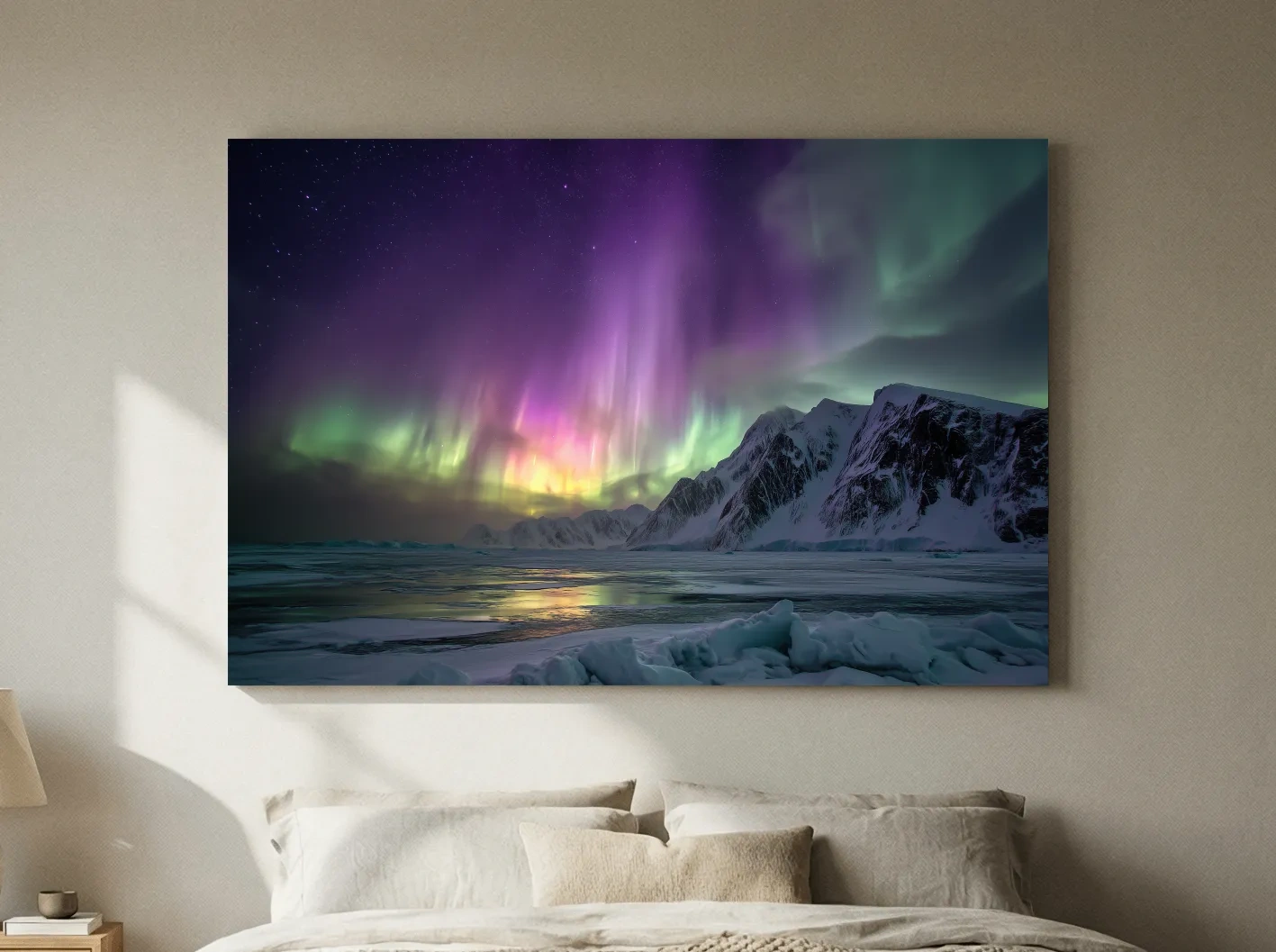Vibrant Northern Lights Over Snowy Mountains - Aurora Borealis Photographic Night Sky Wall Art