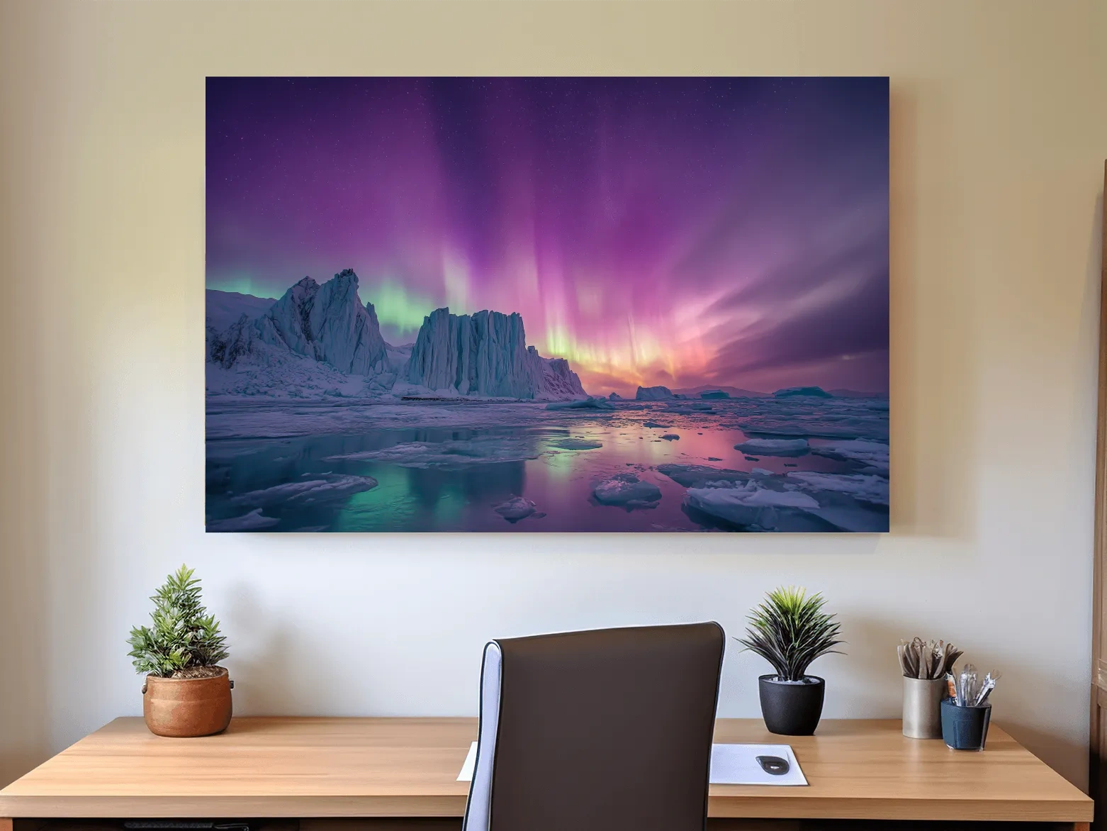 Vibrant Purple Northern Lights Over Arctic Icebergs - Aurora Borealis Landscape Wall Art
