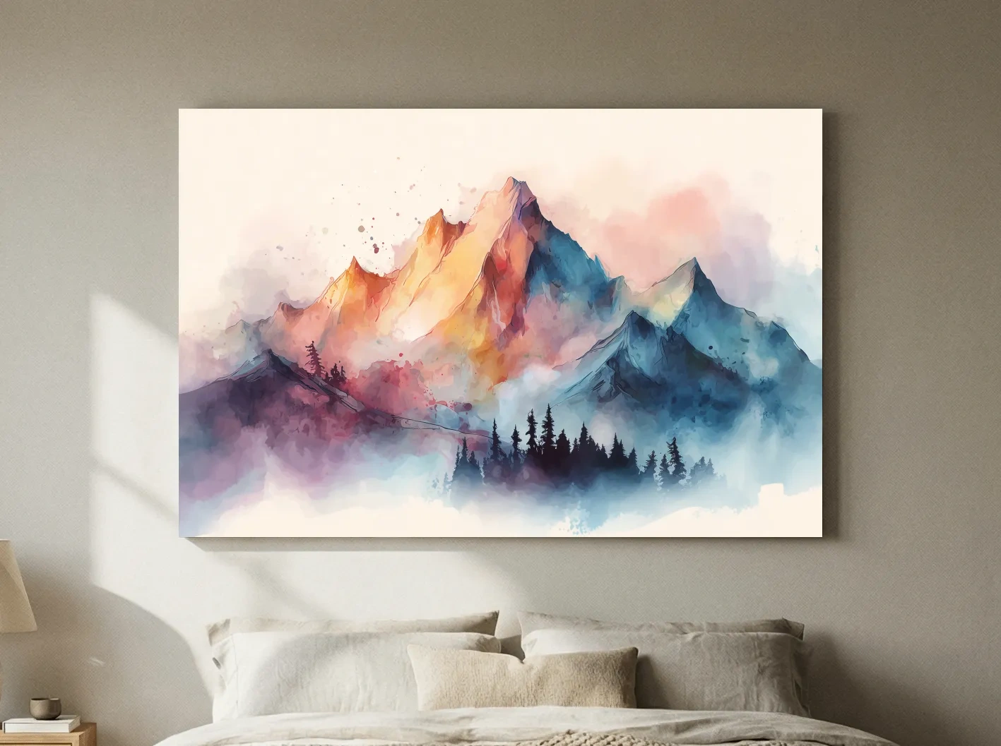 Vibrant Watercolor Mountain Peaks - Colorful Misty Alpine Forest Wall Art