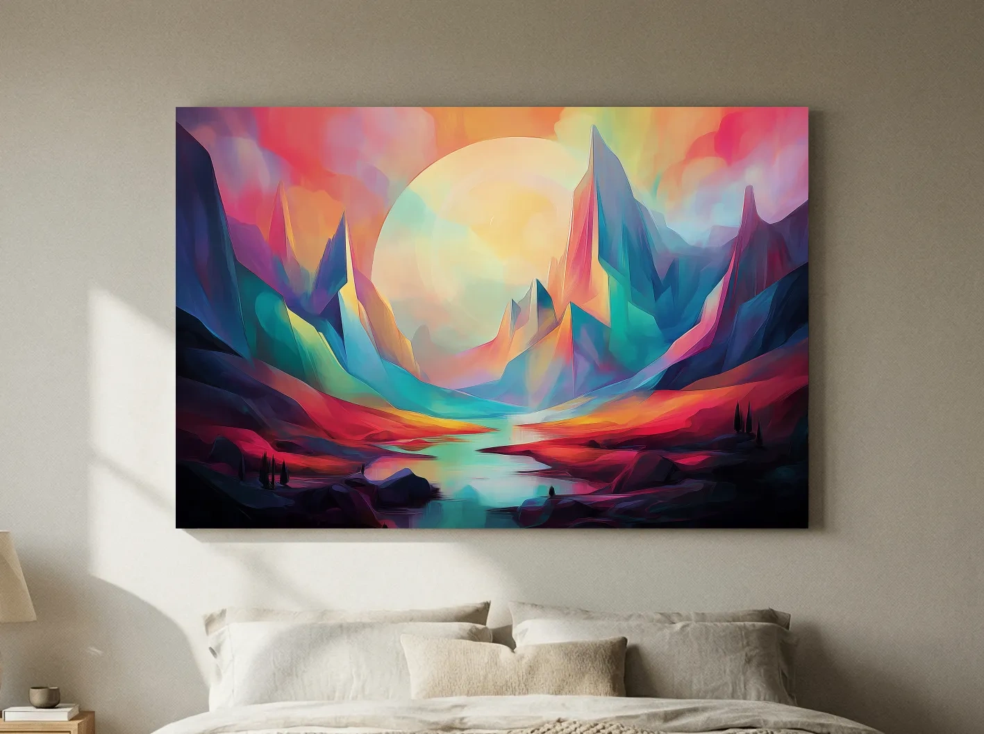 Vibrant Abstract Mountain Valley Sunset - Colorful Surreal Landscape Wall Art