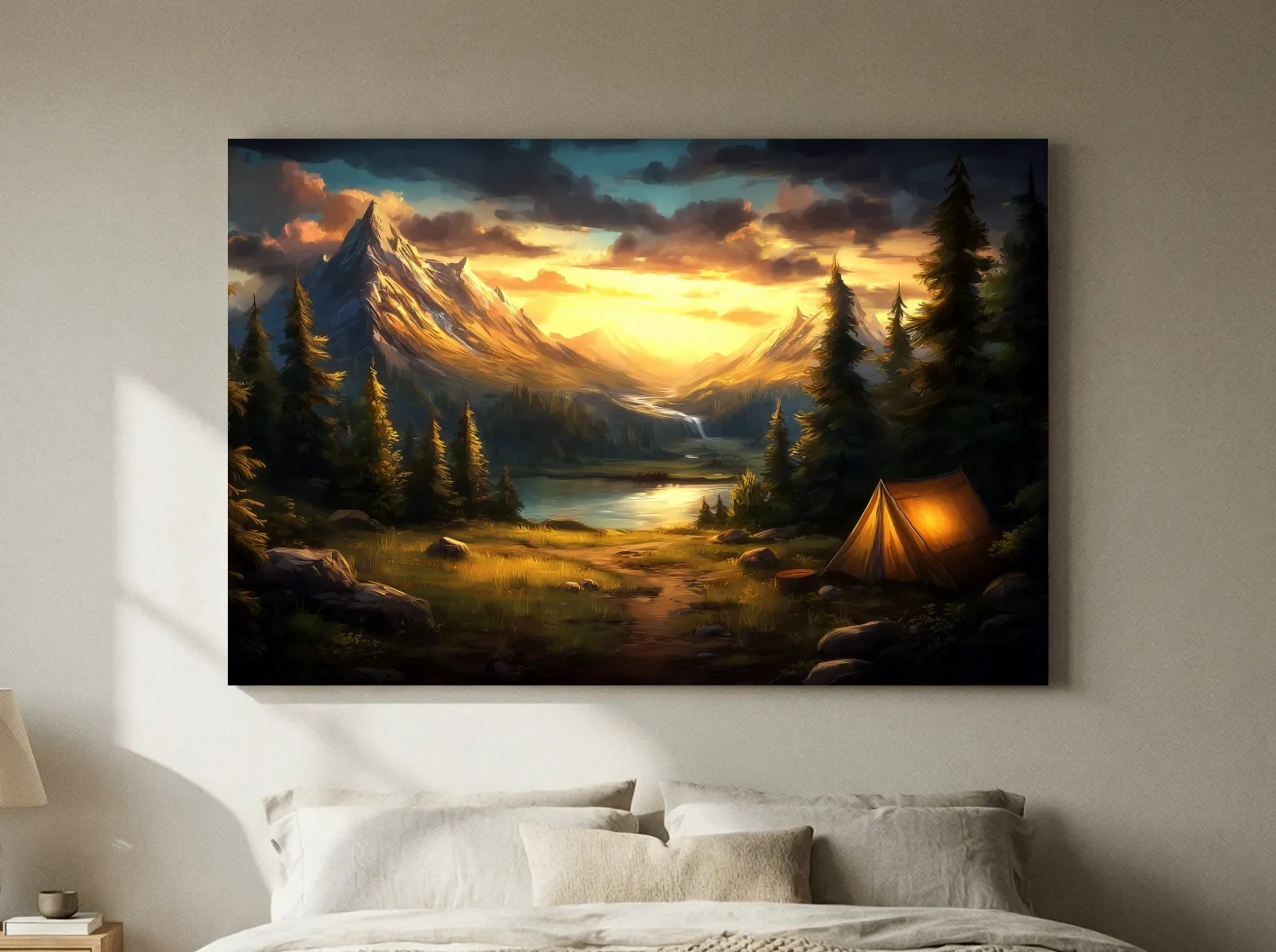 Golden Sunset Alpine Camping Scene Impressionist Painting - Scenic Mountain Wall Art