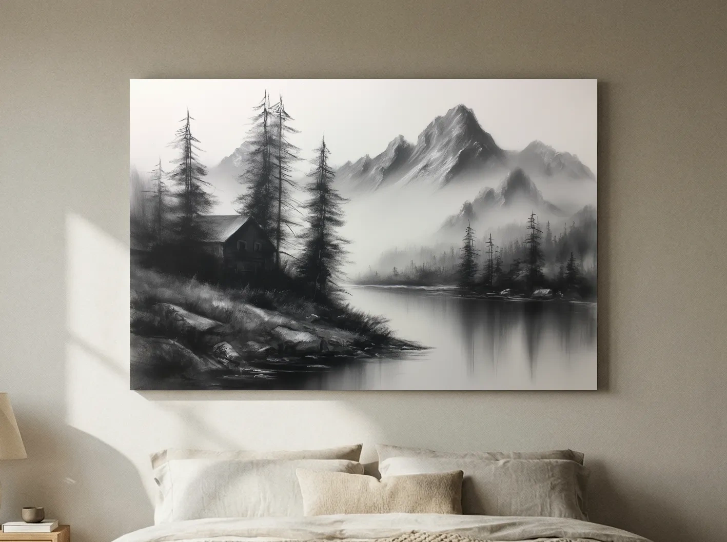Moody Monochrome Alpine Lake Cabin - Charcoal Mountain Sketch Style Wall Art